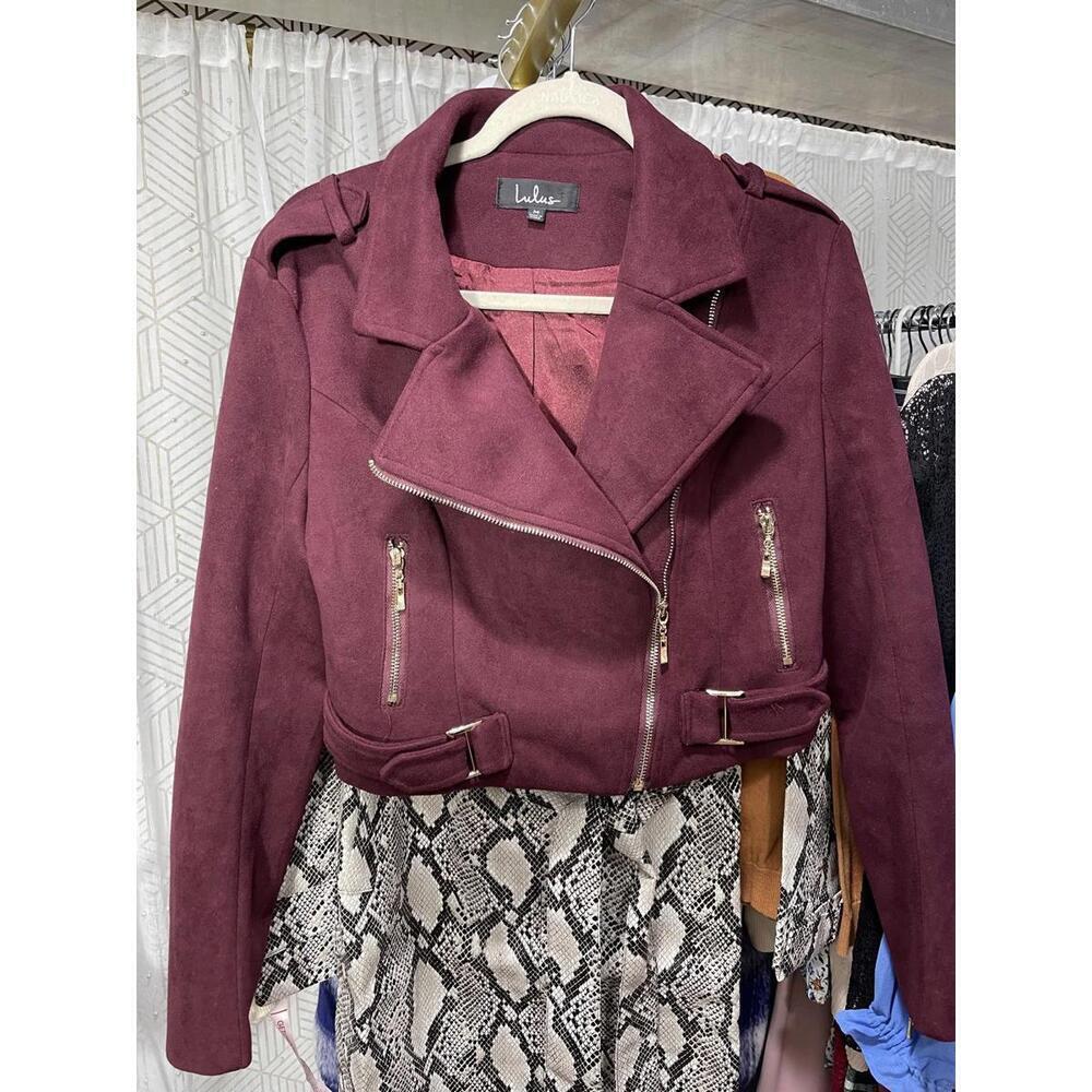 LULUS Women's Burgundy Moto Faux Suede Zip Lined Fall Jacket Size M